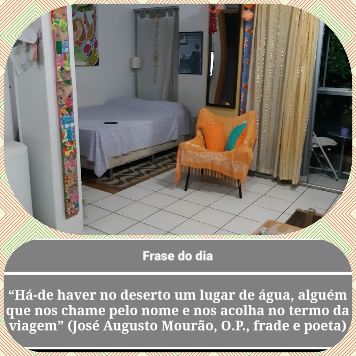 A cozy space is depicted, featuring a spacious bed with light bedding and a vibrant orange chair. Wall decorations add color to the room. A large mirror reflects the light, and a quote is displayed prominently, enhancing the welcoming environment.