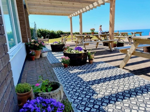 An outdoor seating area is highlighted by wooden picnic tables and flower planters. A patterned rug runs along the space, with sunlight casting shadows. Lush plants and vibrant flowers enhance the scenery, creating a welcoming environment that overlooks the sea.