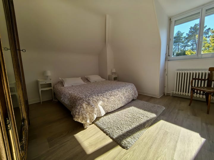 Våning: andra sovrummet för vuxna, stor 180x200 kvalitet Emma säng och madrass, gammal garderob för förvaring, frisör