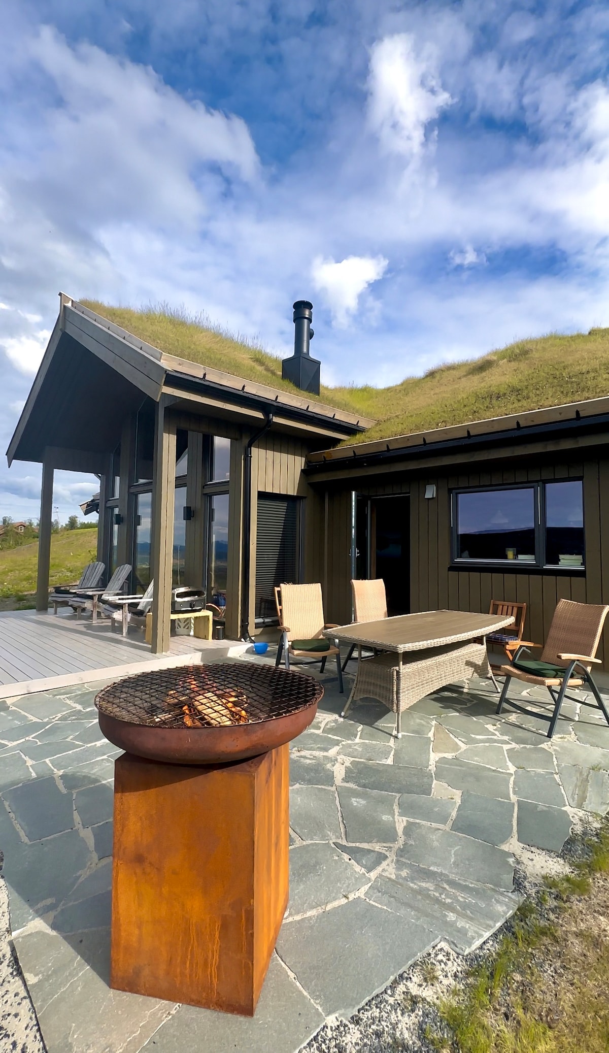 An outdoor area is highlighted by a stone patio, featuring a fire pit with glowing embers. Nearby, a dining table and chairs are positioned for outdoor meals, while comfortable lounge chairs invite relaxation. The cabin's modern design and green roof complement the scenic surroundings.