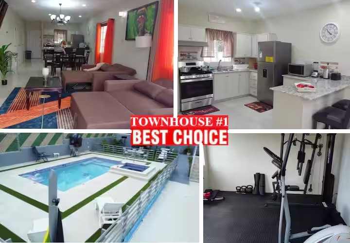 A spacious living area features comfortable seating arranged around a coffee table, with a dining area visible in the background. The kitchen includes modern appliances and ample counter space. An outdoor pool area is shown alongside a fitness area equipped with gym equipment.