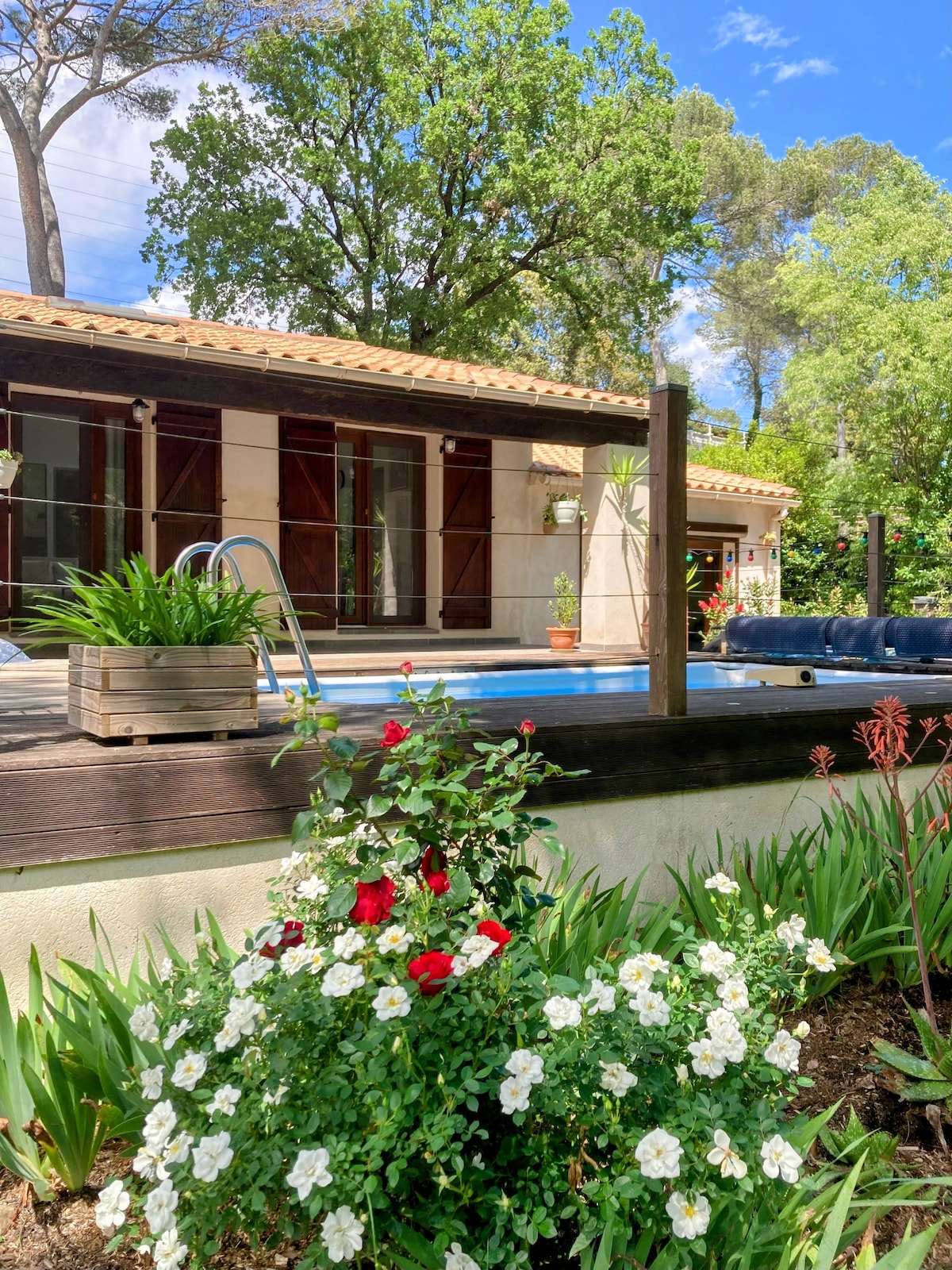 The exterior view showcases a charming house surrounded by lush greenery. A pool is visible on a wooden deck, bordered by vibrant flowers. Large windows with shutters enhance natural light, while a cozy patio area invites relaxation amidst the tranquil garden.