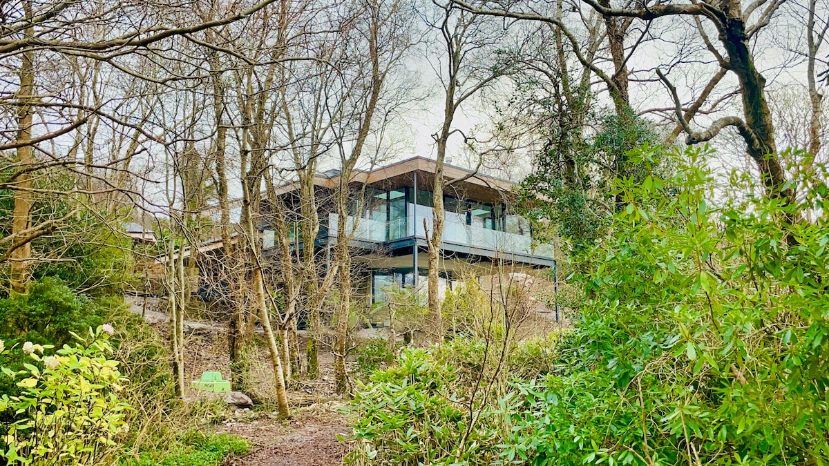 A modern home, nestled within a natural setting, is partially obscured by bare trees and lush greenery. The structure features expansive glass walls that blend with the surrounding forest, creating a harmonious connection with nature.