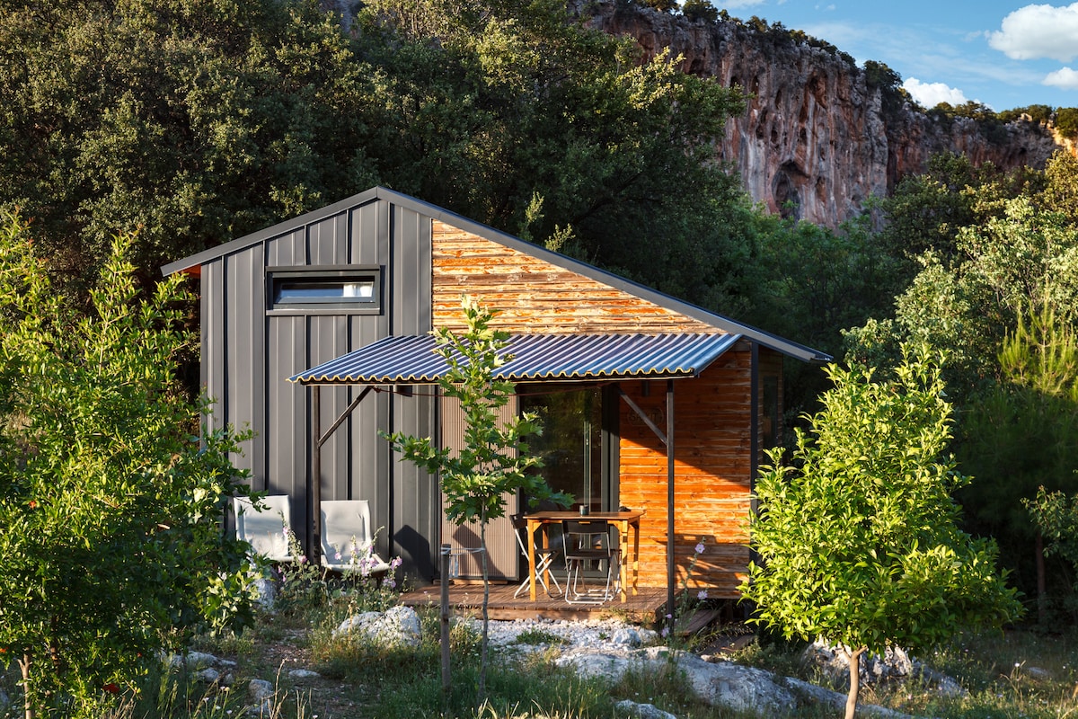 A cozy tiny house is nestled among greenery, showcasing a blend of wood and metal siding. The entrance features a covered terrace with two chairs and a table, framed by vibrant trees and scenic rock formations in the background.