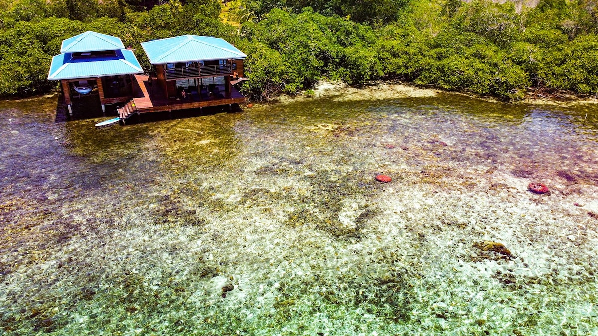 An aerial view captures the EcoBungalow perched on stilts above clear, shallow waters. Surrounding mangroves provide greenery, while the structure features a blue roof and a wooden deck. The tranquil water reveals a rocky seabed and hints of marine life underneath.