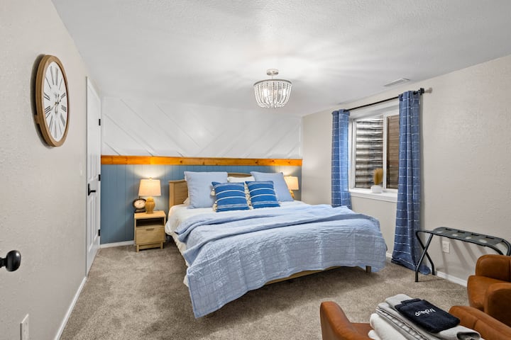 Basement bedroom with King bed with Hall bathroom.