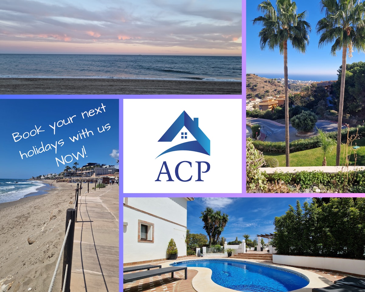 A collage of scenic views captures the essence of a coastal retreat. The serene beach stretches along the water's edge, while palm trees frame the lush landscape. The private pool invites leisure, and a logo is centered, emphasizing a welcoming invitation for future holidays.
