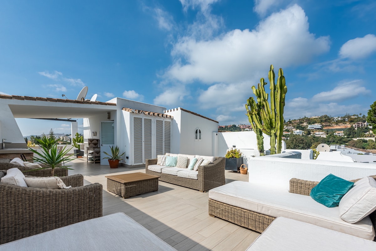 A spacious rooftop terrace features comfortable seating in natural tones, surrounded by potted plants and cacti. An outdoor dining area is present, offering a large table. The sunlit area showcases a panoramic view of the landscape, enhancing the open, airy ambiance.