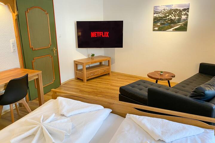 Salon et chambre avec télévision Netflix et bureau