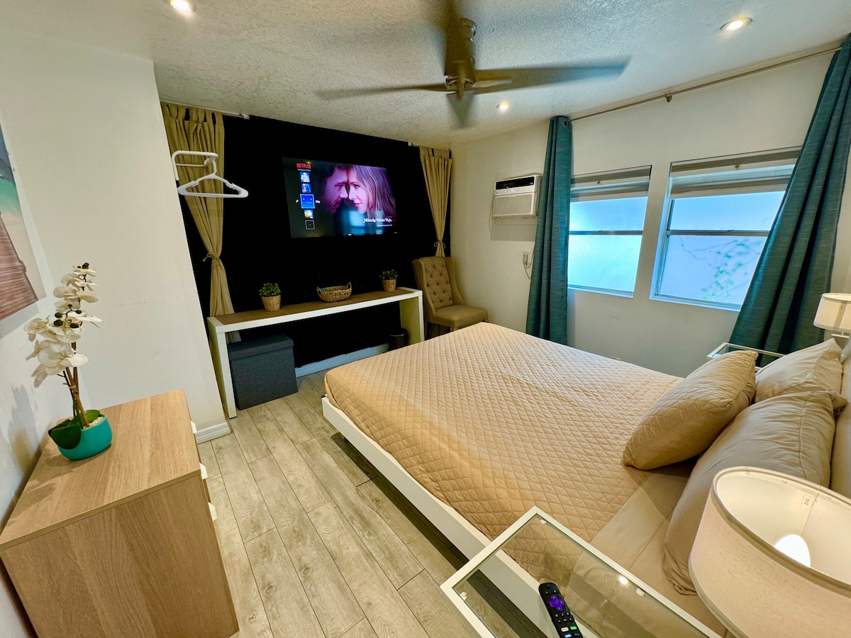 A well-lit bedroom features a queen-size bed with neutral bedding and a cozy setup. A 65-inch Smart TV is mounted on the wall across from the bed. Natural light flows through two windows, and a wall air conditioner and ceiling fan provide comfort. Decorative plants are placed on nearby surfaces.