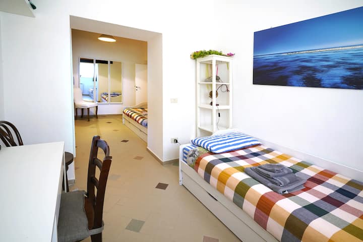 Стаята има две единични легла (едно от които е разтегателно) и бюро със стол. Оборудван с климатик.