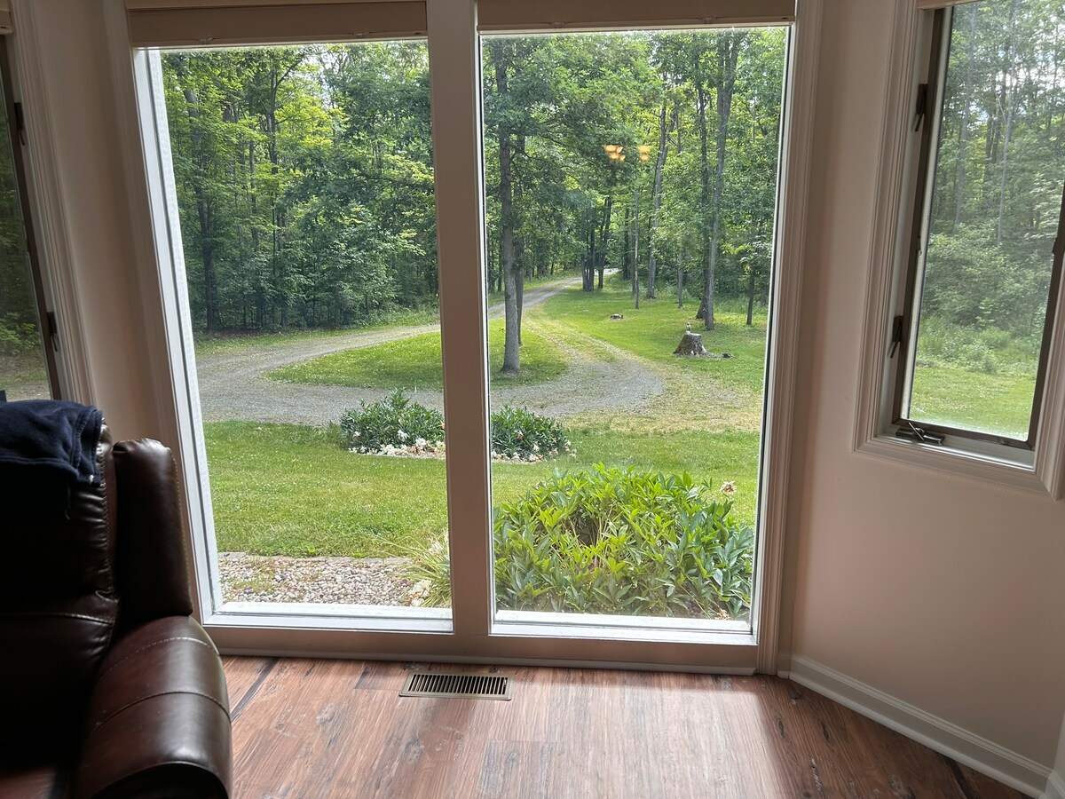 A serene view is captured through large windows, showcasing a winding gravel pathway surrounded by lush green grass and trees. Light filters into the interior space, complemented by a cozy seating arrangement nearby.