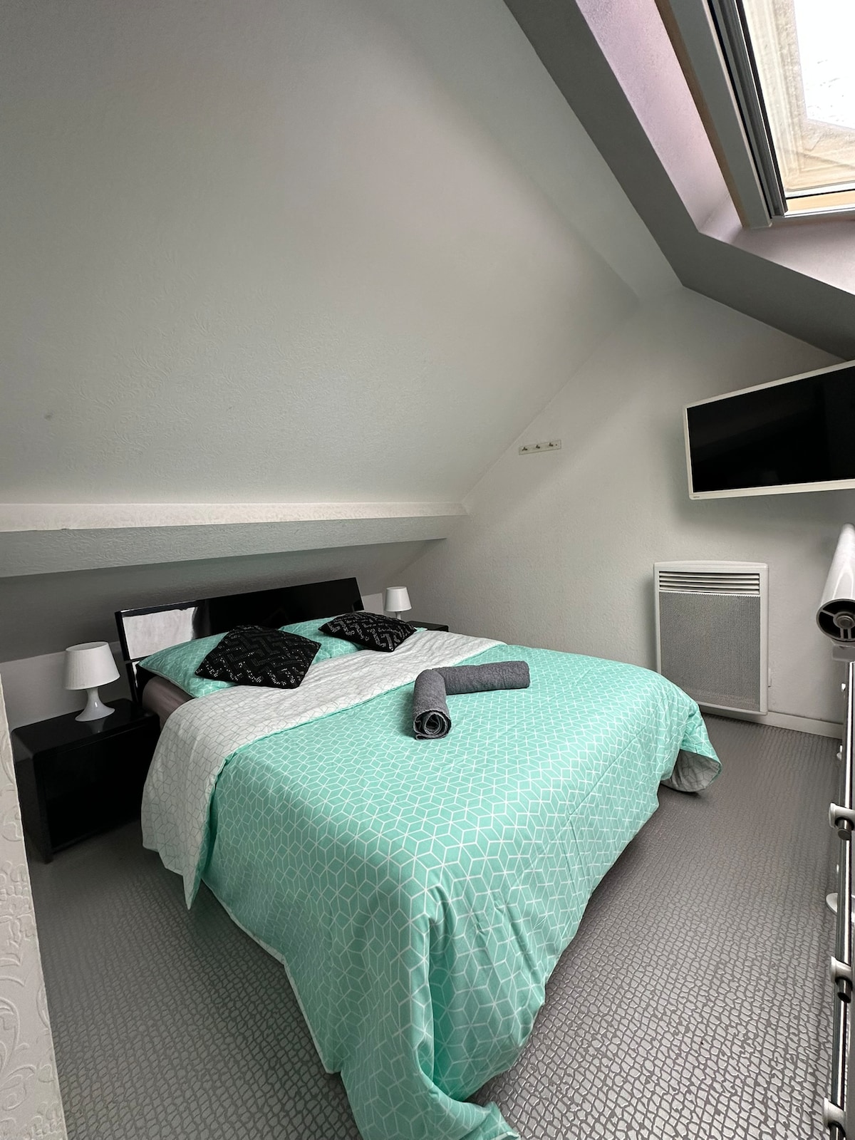 The sleeping area is furnished with a spacious bed dressed in a light teal duvet. A wall-mounted television is positioned across from the bed, and two nightstands with lamps frame either side. Skylights are present, allowing natural light to fill the room.