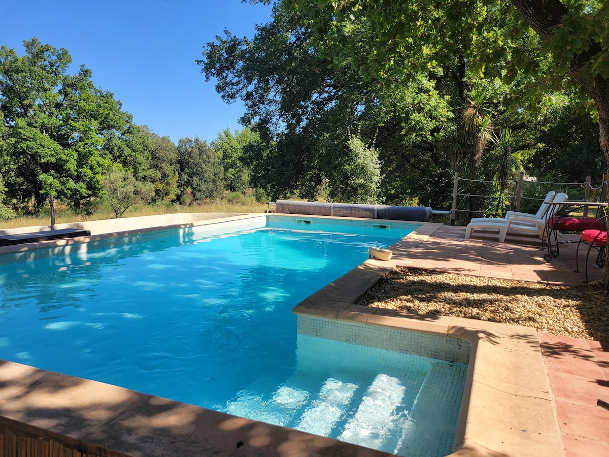 A serene swimming pool is surrounded by lush greenery, offering a tranquil space for relaxation. Sun loungers are positioned along the poolside, providing comfortable seating under the shade of leafy trees. Clear blue water reflects the bright sky, creating a peaceful outdoor atmosphere.