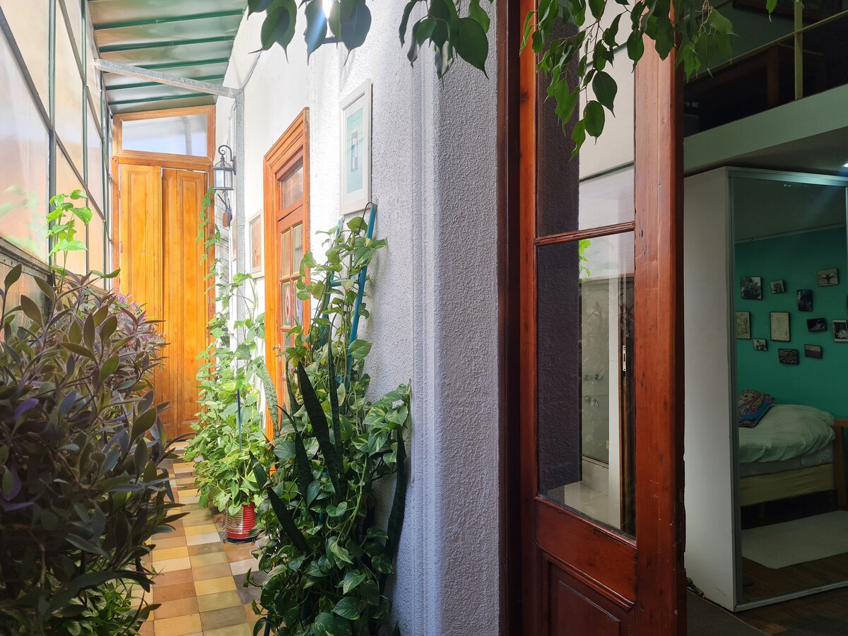 A peaceful corridor features wooden doors framed by lush greenery, bringing a sense of tranquility. The floor is tiled with colorful squares, and light filters through large windows, creating a serene transition between the common space and the bedrooms.