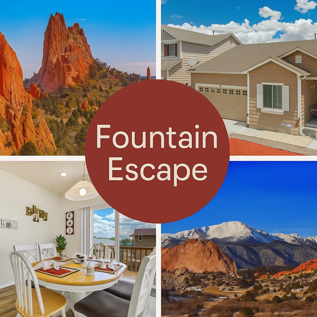 The collage features a striking view of Garden of the Gods with red rock formations, the exterior of a welcoming single-family home with mountain views, a bright dining area showcasing a table set for meals, and the snow-capped Pikes Peak under a clear blue sky.