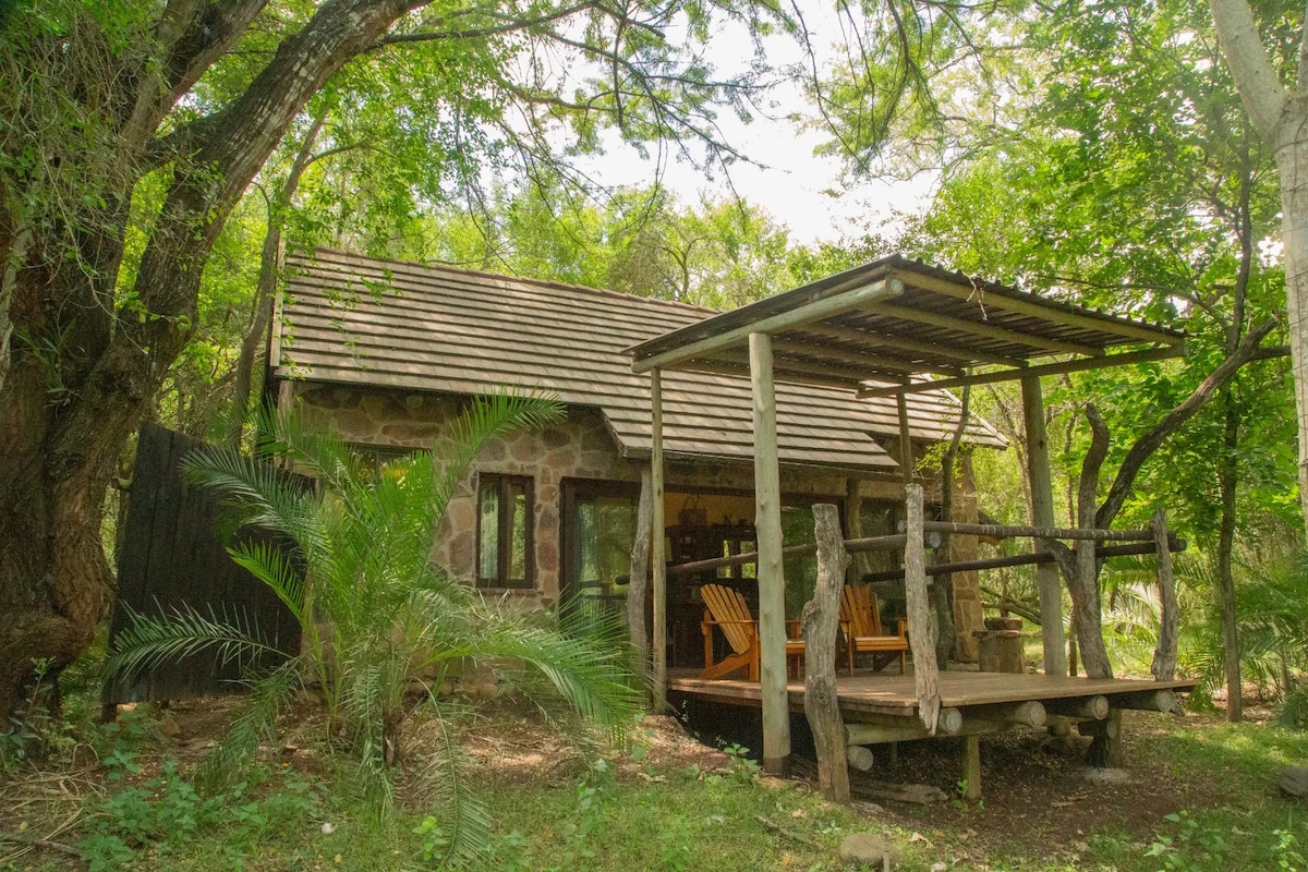 A charming stone cottage is nestled among leafy trees, featuring a spacious wooden deck supported by logs. Two wooden chairs are positioned on the deck, inviting relaxation amidst the natural surroundings.