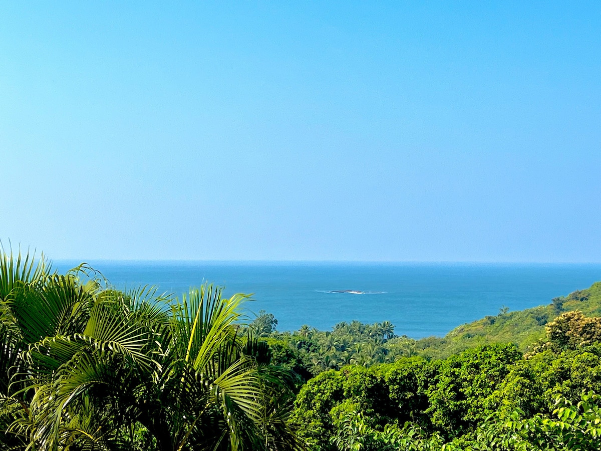 A broad view of the coastline is captured, showcasing a vibrant blue ocean meeting the clear sky. Lush greenery fills the foreground, featuring palm and tropical trees, enhancing the natural beauty of the serene landscape.