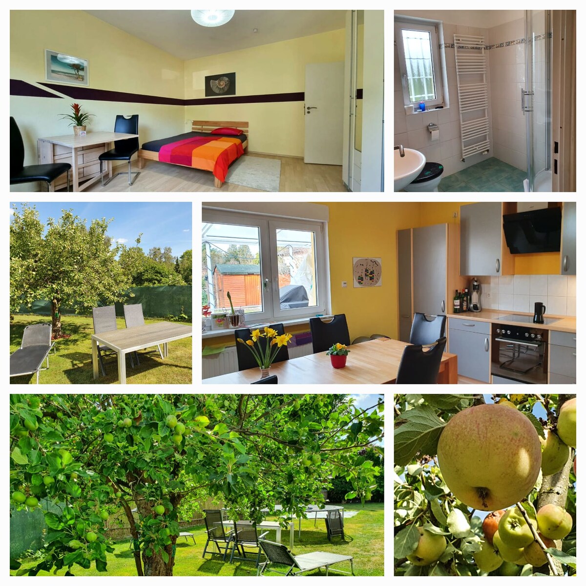 A well-lit bedroom features a spacious bed draped in a colorful striped blanket, accompanied by two chairs and a table. The bathroom is located nearby, showcasing modern fixtures. An inviting outdoor space includes a dining table with chairs and a scenic garden adorned with fruit trees.