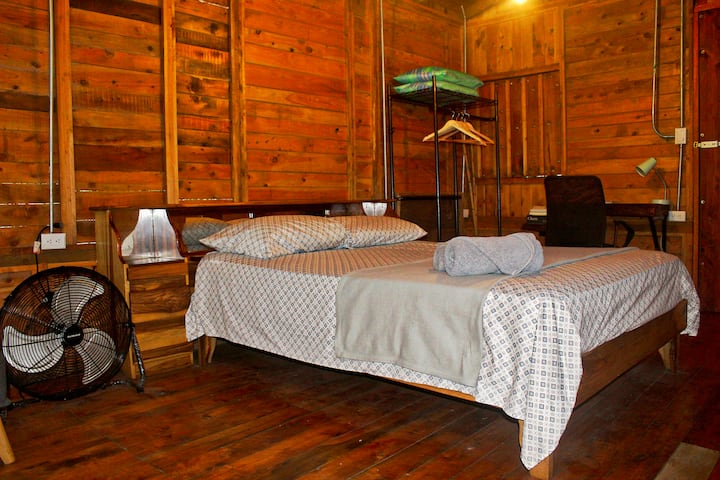 Lit double confortable, canapé-lit, espace pour les vêtements, couvertures supplémentaires, oreillers, table avec lampe, matériel de lecture et tout ce dont vous avez besoin pour vous reposer ou travailler.