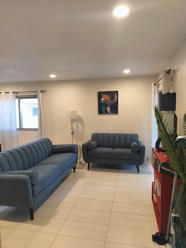 Huiskamer met bank uit het midden van de vorige eeuw en loveseat-combinatie