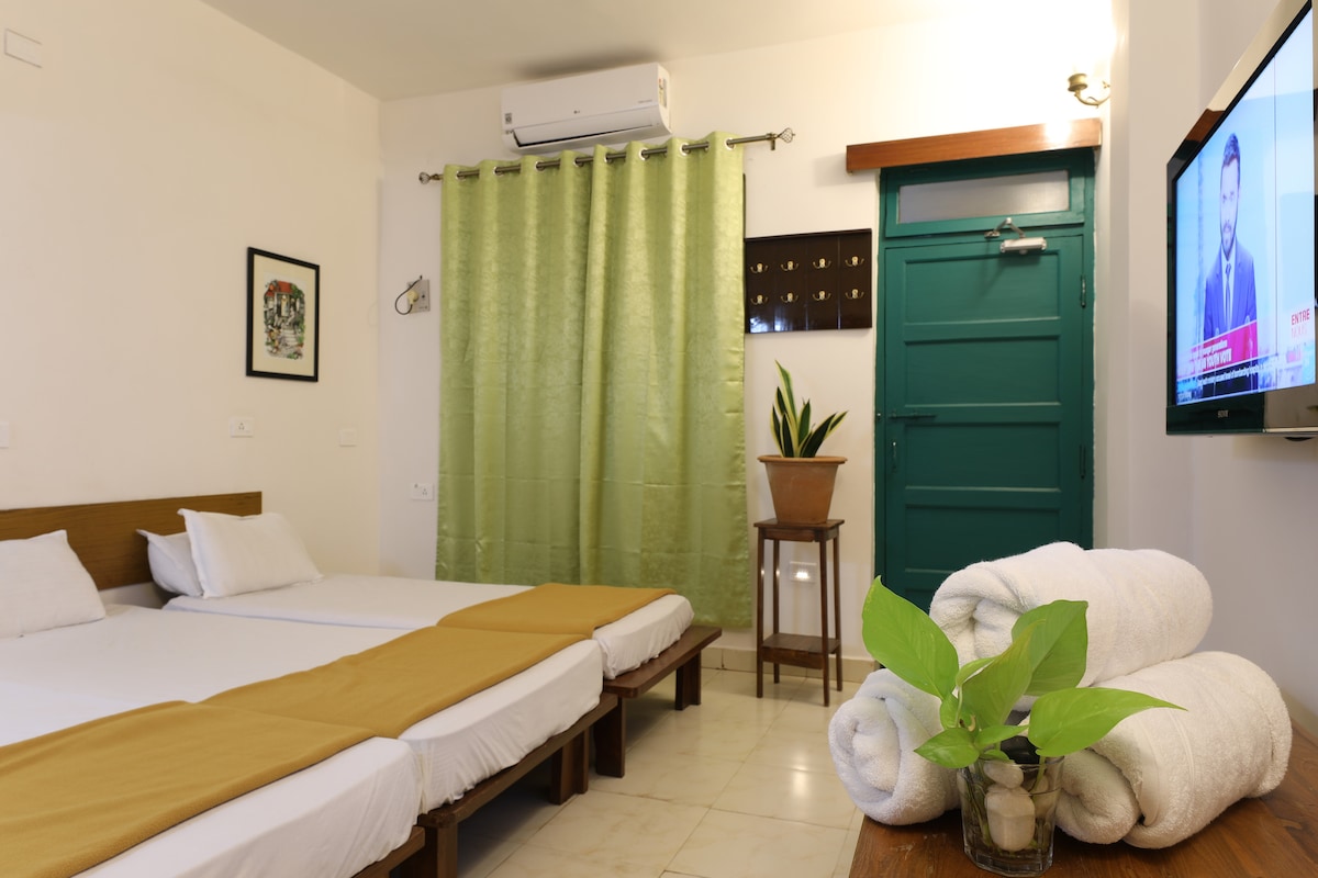 A room features two beds adorned with warm-colored linens. A green curtain drapes by the window, while a potted plant adds a natural touch. A television is mounted on the wall opposite the beds, and neatly rolled towels are arranged on a side table.