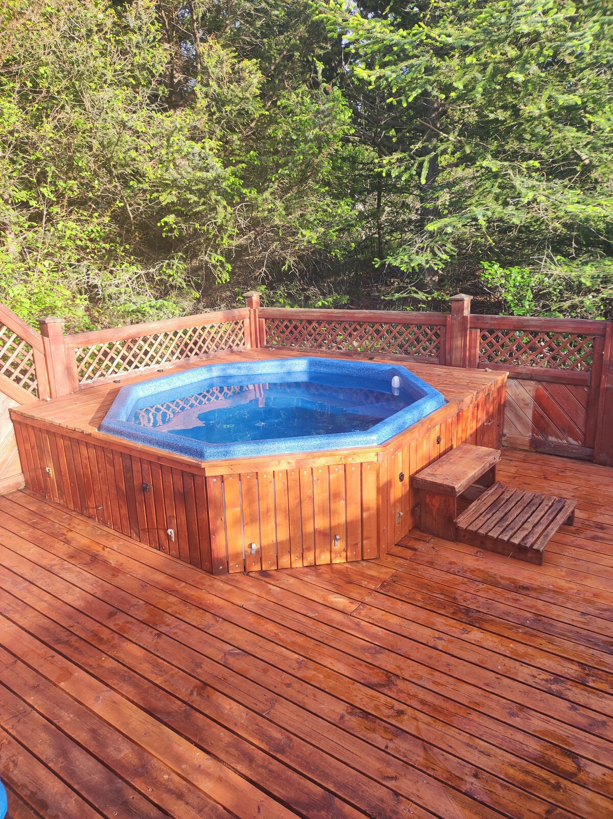 An octagonal wooden hot tub is surrounded by a rustic wooden deck, featuring a staircase for easy access. Lattice panels add a touch of privacy, while lush greenery serves as a natural backdrop, creating a serene outdoor space for relaxation.