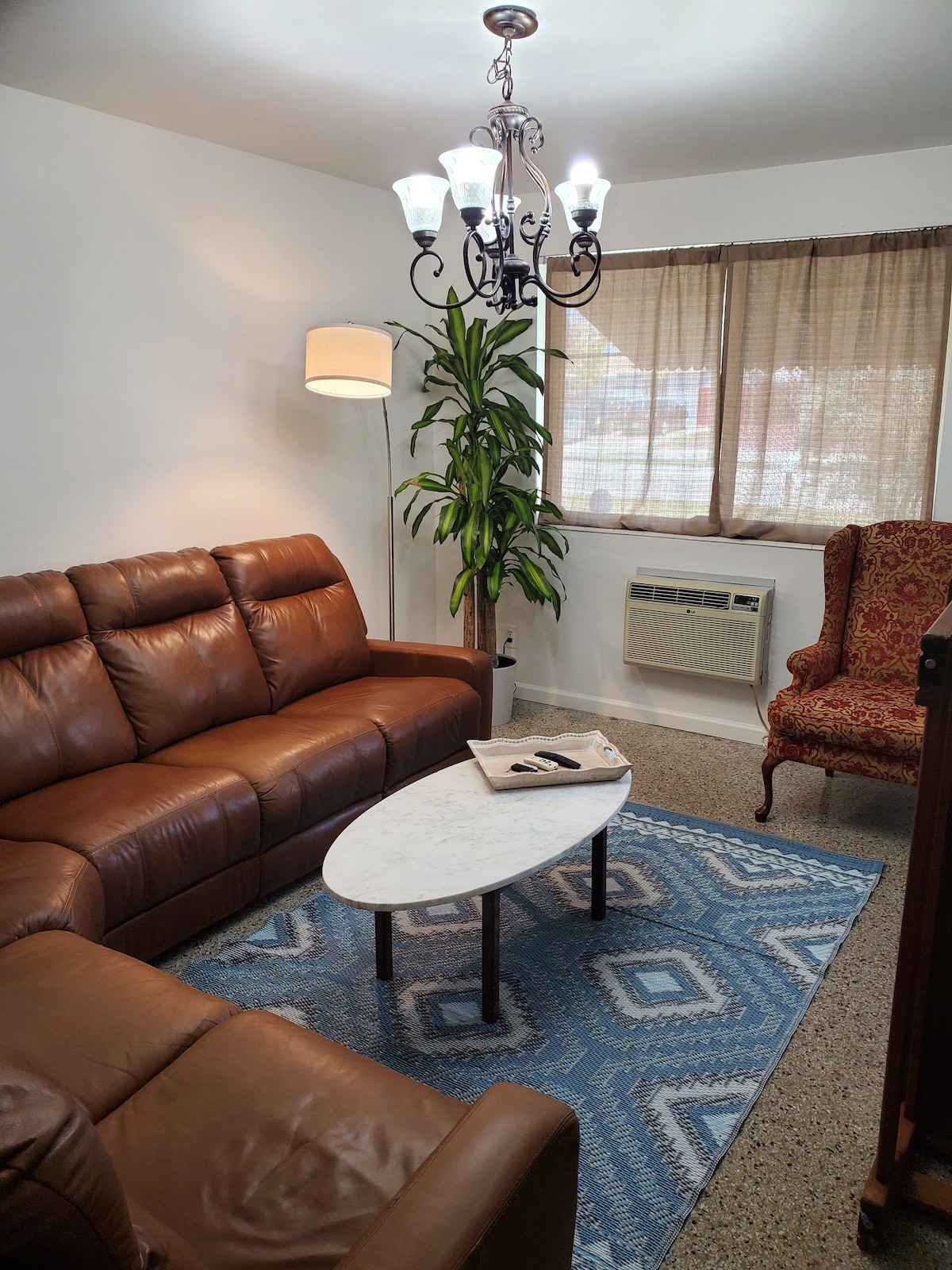 A comfortable living area features a brown leather sectional sofa and a decorative armchair. A marble coffee table is positioned centrally on a patterned area rug. A tall indoor plant adds a touch of greenery, complemented by warm lighting from a chandelier and lamp.
