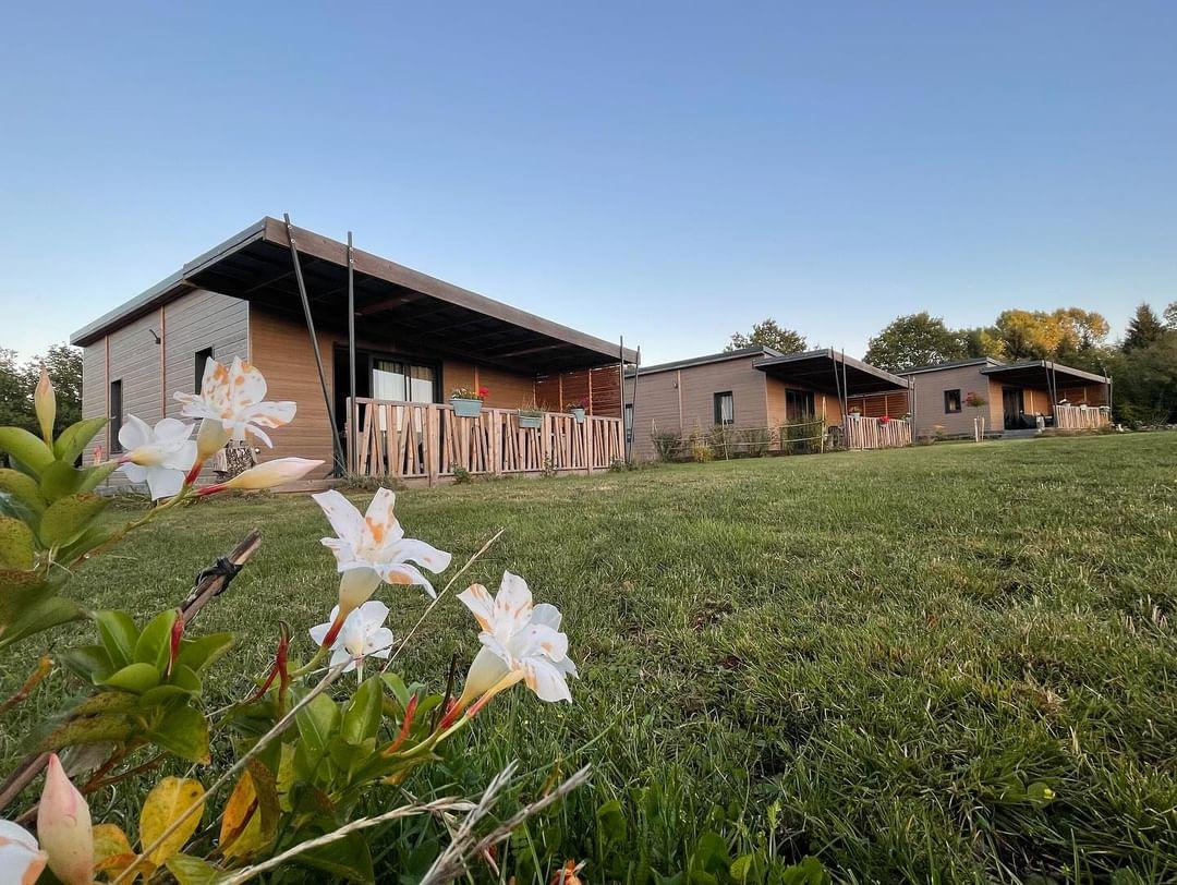 Two modern chalets are shown set amid a lush green lawn, with flowering plants in the foreground. Each chalet features a covered terrace with seating, and large windows allow for natural light, enhancing the connection with the outdoor landscape.