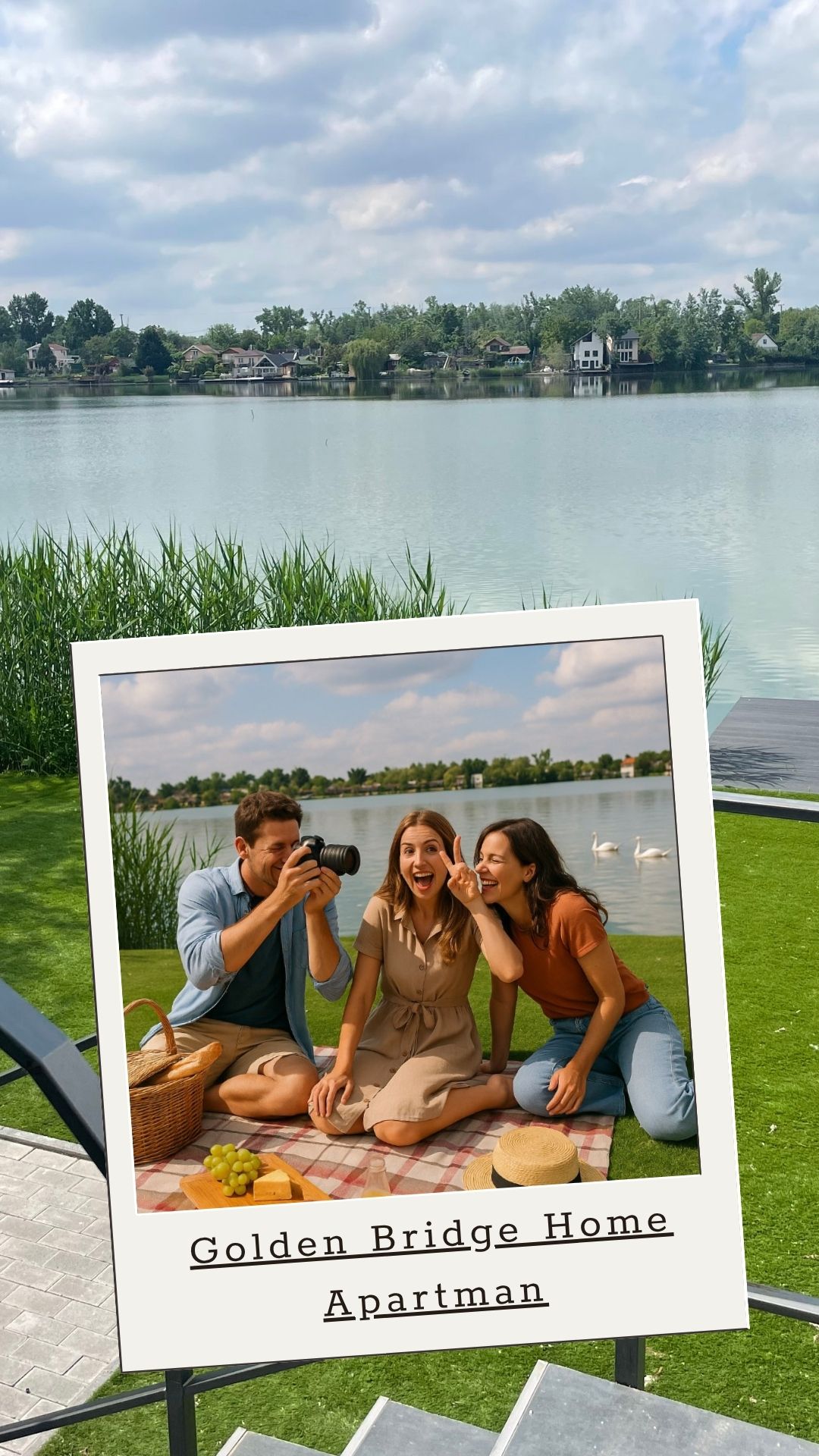 A picnic setup on a grassy area is shown, with a serene lake in the background. Three individuals are seated on a blanket, enjoying the outdoors. Lush greenery borders the space, creating a peaceful atmosphere with a gently rippling water surface reflecting the sky.