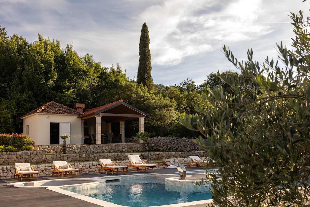 A salt-water pool is surrounded by eight lounge chairs, offering a space for relaxation. A covered outdoor seating area with a thatched roof and a stone wall can be seen in the background, framed by lush greenery and climbing plants.