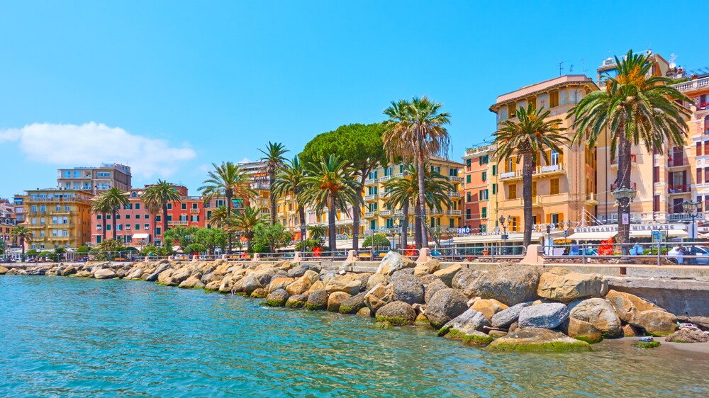The image captures a scenic waterfront view lined with palm trees, featuring colorful buildings in the background. The shoreline is marked by large rocks, and the calm water reflects the vibrant hues of the surroundings under a clear blue sky.