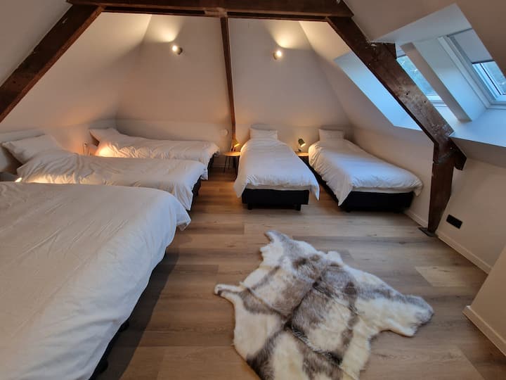 Хотелска кутија со брачен кревет (широк 150-179 см), брачен кревет (широк 180-179 см) и единечни кревети со горен дел, клима уред за ладење и греење, сопствена бања со тоалет, мијалник со осветлено огледало и туш за раце и дожд. Плакар со лизгалки и два VELUX прозорци со завеса за затемнување.