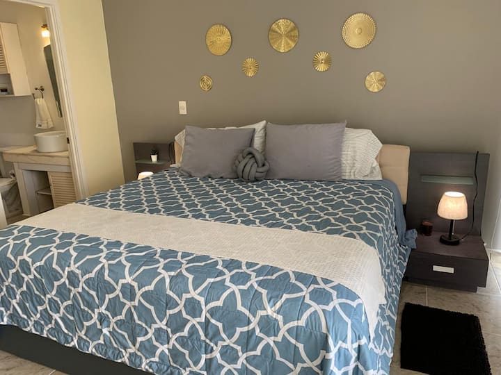 KITANDA CHA UKUBWA WA KIFALME, PAMOJA NA BAFU LAKE, KABATI NA MTARO ULIO NA KITANDA NA VITI. STAREHE NA TAA ZILIZO NA VIUNGANISHI VYA CELL-LOADING. KIYOYOZI NA FENI YA DARI.