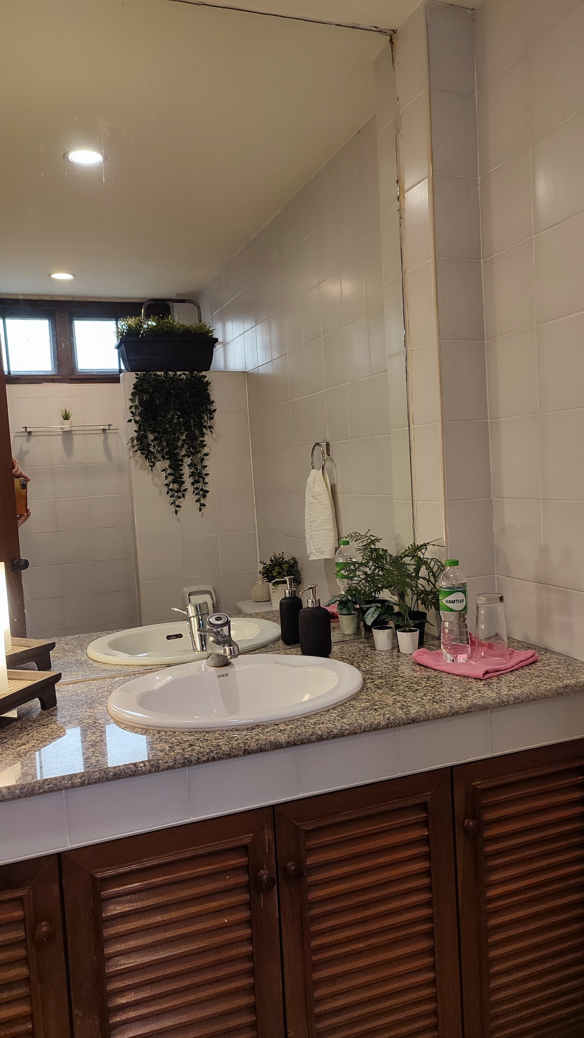 A clean bathroom space features double sink basins on a granite countertop. Natural light filters in through a window adorned with potted plants. Nearby, toiletries and a small indoor plant are neatly arranged, providing a refreshing touch to the space.