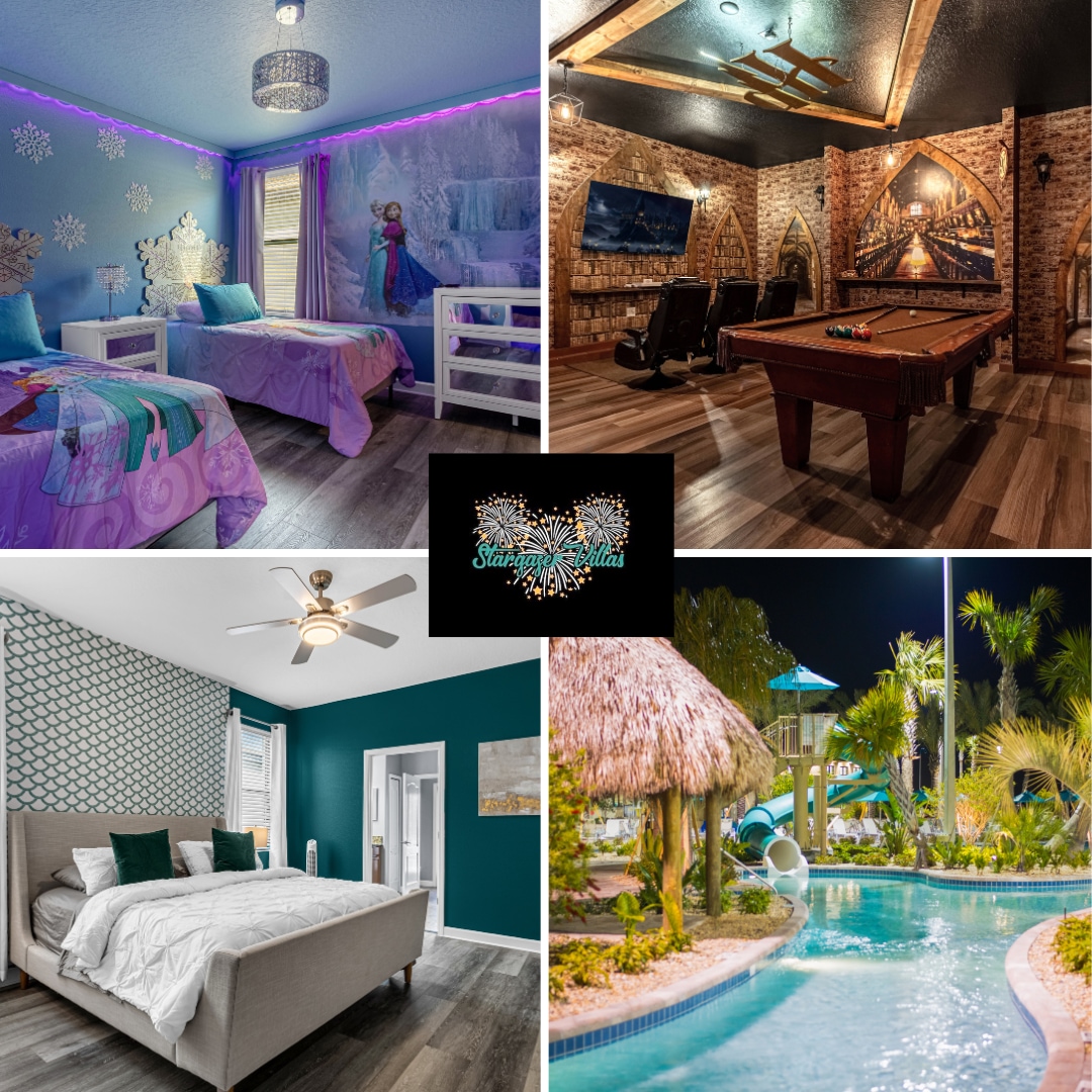 The image showcases four areas of the villa. The Frozen-themed bedroom features twin beds with magical decor and LED lights. The Harry Potter game room includes a pool table and immersive decor. A spacious primary bedroom is styled with turquoise walls and modern furnishings. The private pool is surrounded by tropical landscaping with a thatched-roof patio.
