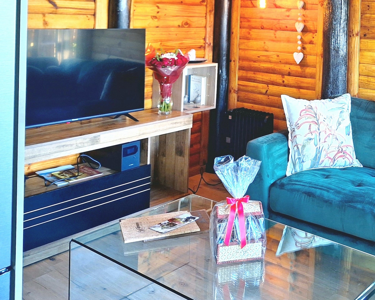 The living area features a plush teal couch adorned with decorative pillows next to a glass coffee table. A television is positioned on a wooden media console, accompanied by fresh flowers in a vase and a gift wrapped in clear cellophane with a red bow.