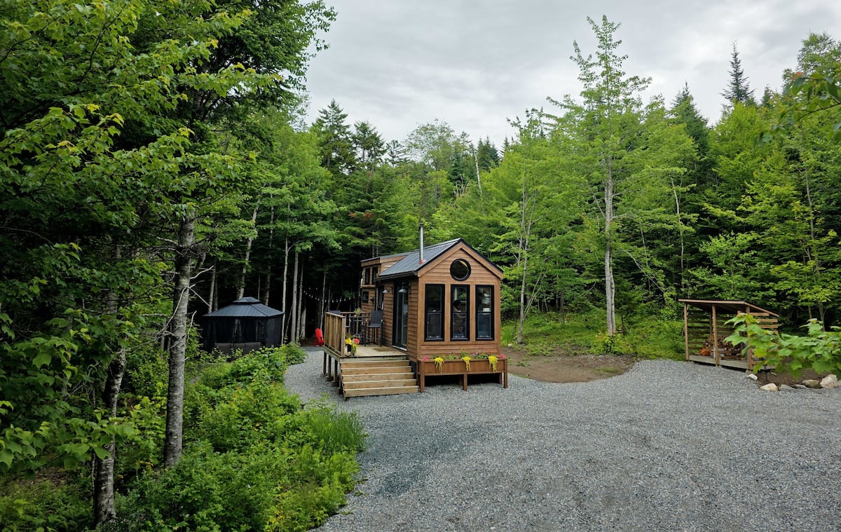 Tiny house in forest clearing