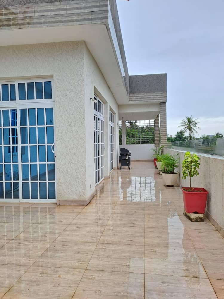 A spacious terrace is featured, showcasing tiled flooring and modern glass doors leading to the interior. Potted plants add a touch of greenery, while a shaded area is indicated by a nearby chair. The serene atmosphere is complemented by surrounding palm trees.