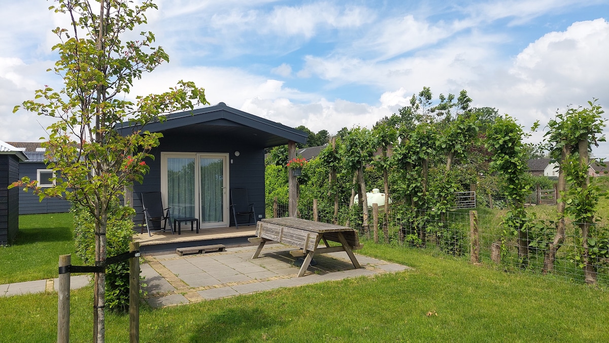 A charming chalet is set in a green landscape, featuring a wooden picnic table on a stone patio. The front of the chalet displays large glass doors leading to a welcoming outdoor space surrounded by garden greenery and trees, with fields extending in the background.