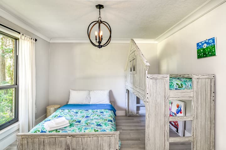 Our children’s room accommodates up to three guests. Please note, the top bunk bed is for children only, as it has weight restrictions.