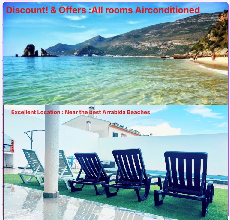 A serene beach scene features gentle waves lapping against a sandy shore, with distant green mountains enhancing the backdrop. Below, a private outdoor space is shown, equipped with four lounge chairs arranged around a sparkling swimming pool, surrounded by clean white walls.