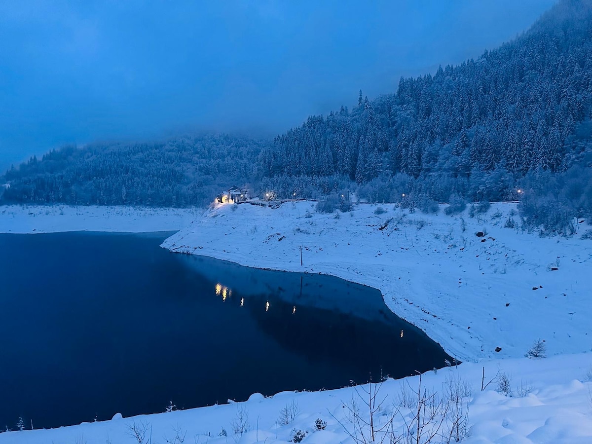 A serene winter landscape features a riverbank blanketed in snow, with a hillside of evergreen trees in the background. Soft lights reflect off the still water, creating a tranquil ambiance as twilight descends over the scene.