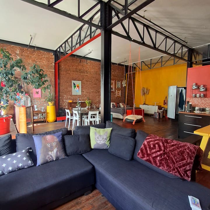 This photo of the Kat Kult Kondo gives you a wide-angle view of the spacious open-plan loft, from the lounge to the bedroom in the back.