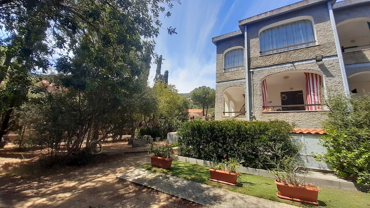 The exterior of a multi-unit villa is seen, surrounded by greenery and bushes. Flowering plants in wooden boxes add color to the landscape. The structure features a gray facade with arched windows partially covered by light curtains, providing a balanced view of the tranquil setting.