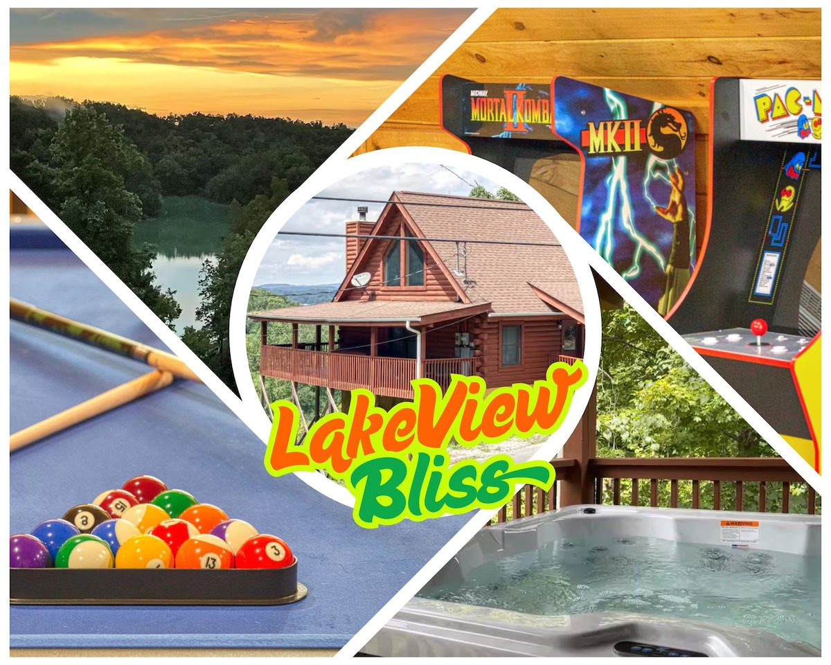 The image features a collage showcasing various cabin amenities. A scenic lake view is highlighted in the background, while a pool table with colorful balls is positioned in the foreground. Arcade games are visible, along with a hot tub inviting relaxation.