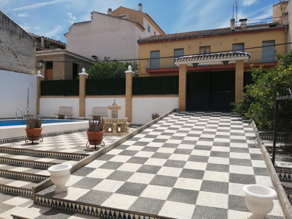 A spacious outdoor area is shown with a checkerboard pattern in black and white tiles. Decorative planters are positioned along the pathway leading to a gated entrance, providing an inviting atmosphere for gatherings. Lush greenery and a swimming pool are visible in the background.