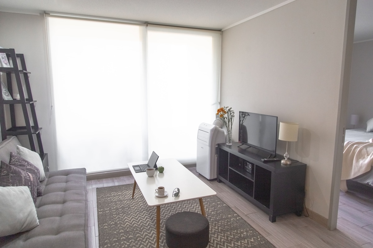 A modern living area features a comfortable sofa positioned next to a sleek coffee table. A flat-screen TV is set upon a storage unit, complemented by an elegant lamp. Natural light filters through large window shades, while a cozy rug adds warmth to the space.
