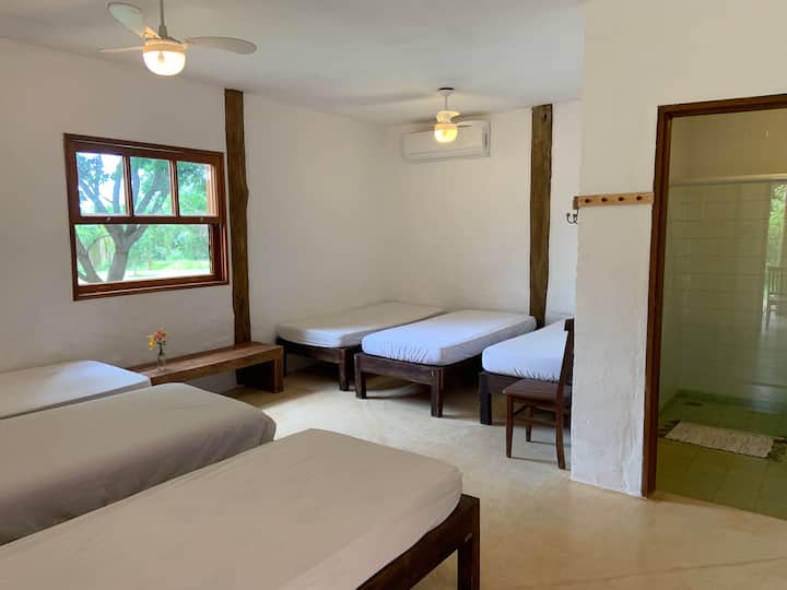 חדר 3 - גדול, יש בו 6 מיטות,  חלון המשקיף על היער ומאווררי תקרת הסכר, מיזוג אוויר ושיש כיור לחדר האמבטיה. גישה במדרגות או ברמפה במרפסת של הקומה הראשונה.