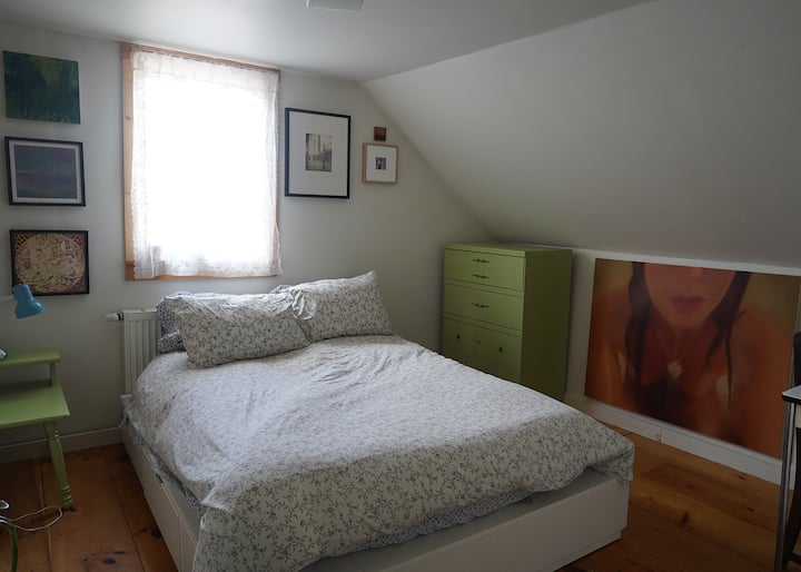 Chumba cha 2 cha wageni kilicho na kitanda cha ukubwa kamili, kabati la kujipambia na dawati dogo.